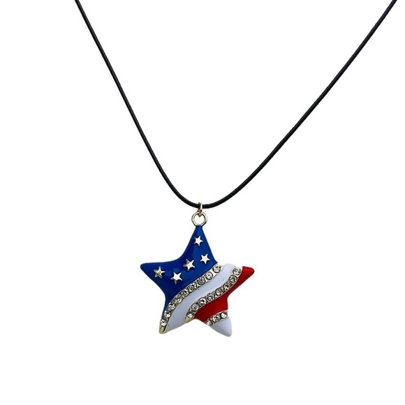 USA Rhinestone Embellished Patriotic Red White & Blue Star Pendant Necklace - Picture 1 of 8
